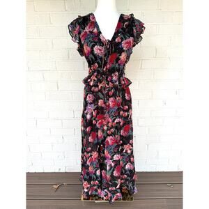 Paige 100% Silk Floral Midi Dress Black Ruffle Sleeve Smocked Waist Boho NWT  XS